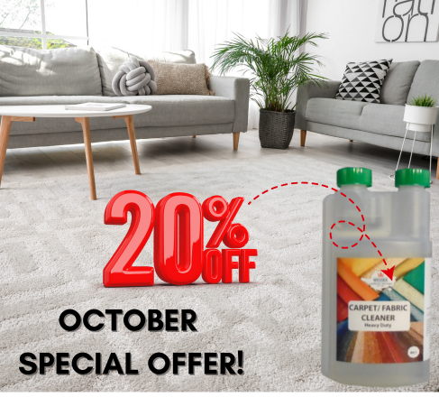 Clean carpet with picture of 500 ml bottle of carpet cleaner 20% discount