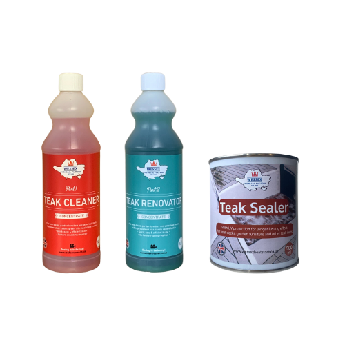 Teak Cleaner and Teak Renovator in 1 litre plastic bottles, teak sealer in 500 ml tin.