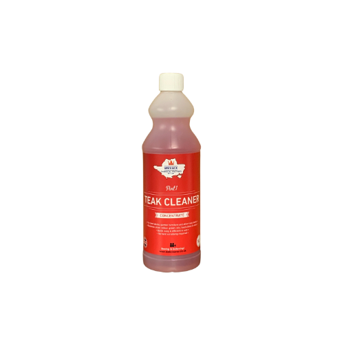 Teak Cleaner 1 litre plastic bottle, red liquid.