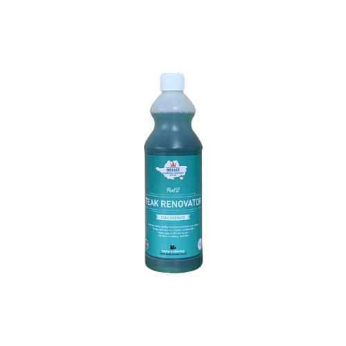 Teak Renovator 1 litre plastic bottle, green liquid.